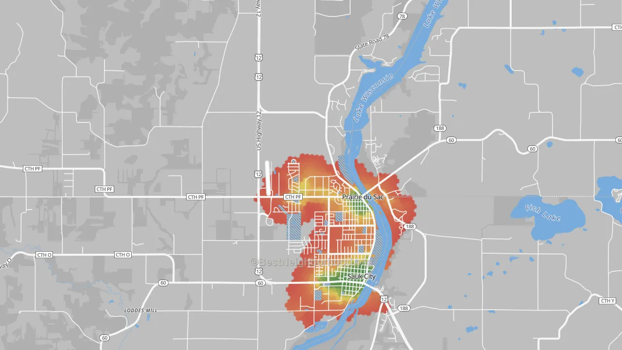 Walk Grade map of 53578, WI, walkable areas in green and car-dependent areas in red