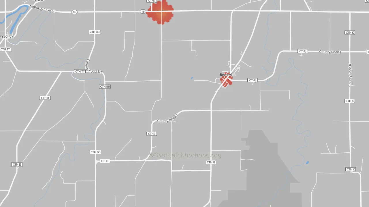 Walk Grade map of 53579, WI, walkable areas in green and car-dependent areas in red