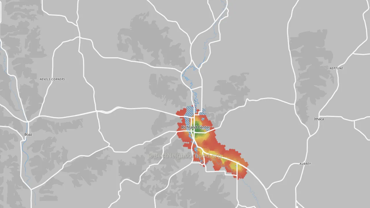 Walk Grade map of 53581, WI, walkable areas in green and car-dependent areas in red