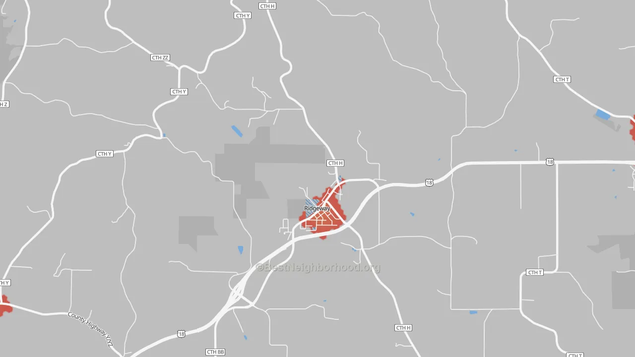 Walk Grade map of 53582, WI, walkable areas in green and car-dependent areas in red