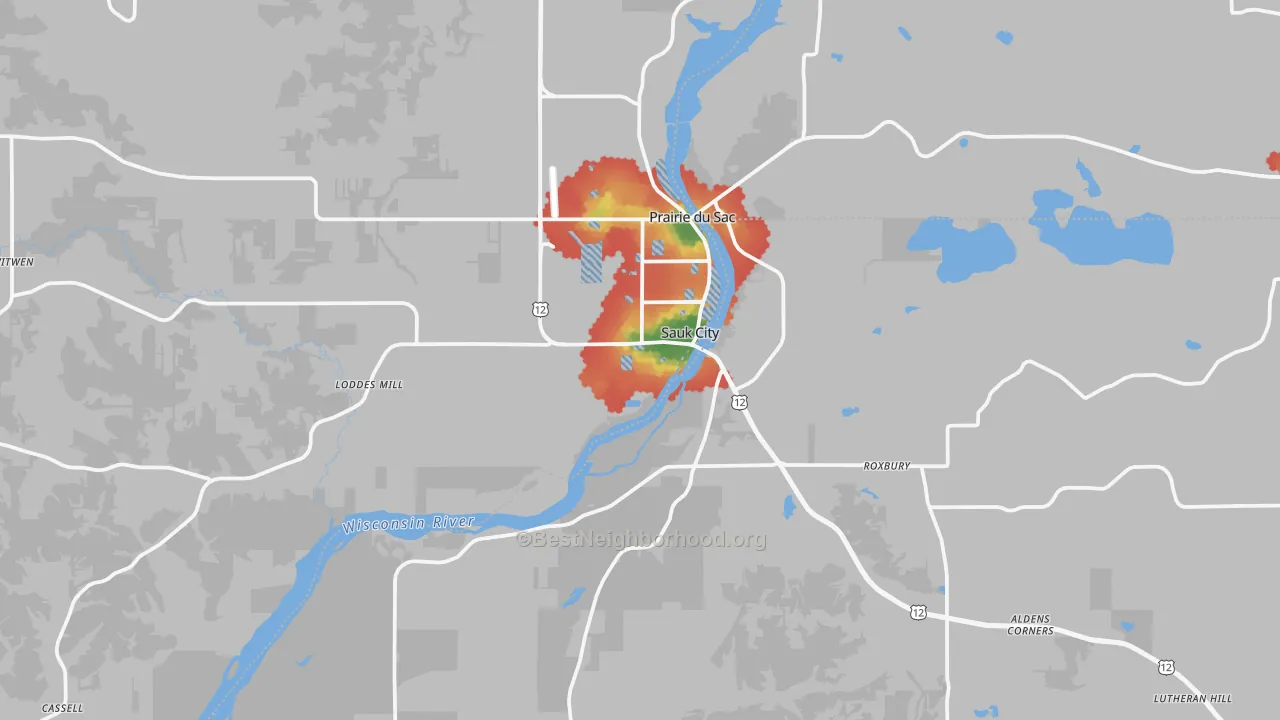 Walk Grade map of 53583, WI, walkable areas in green and car-dependent areas in red