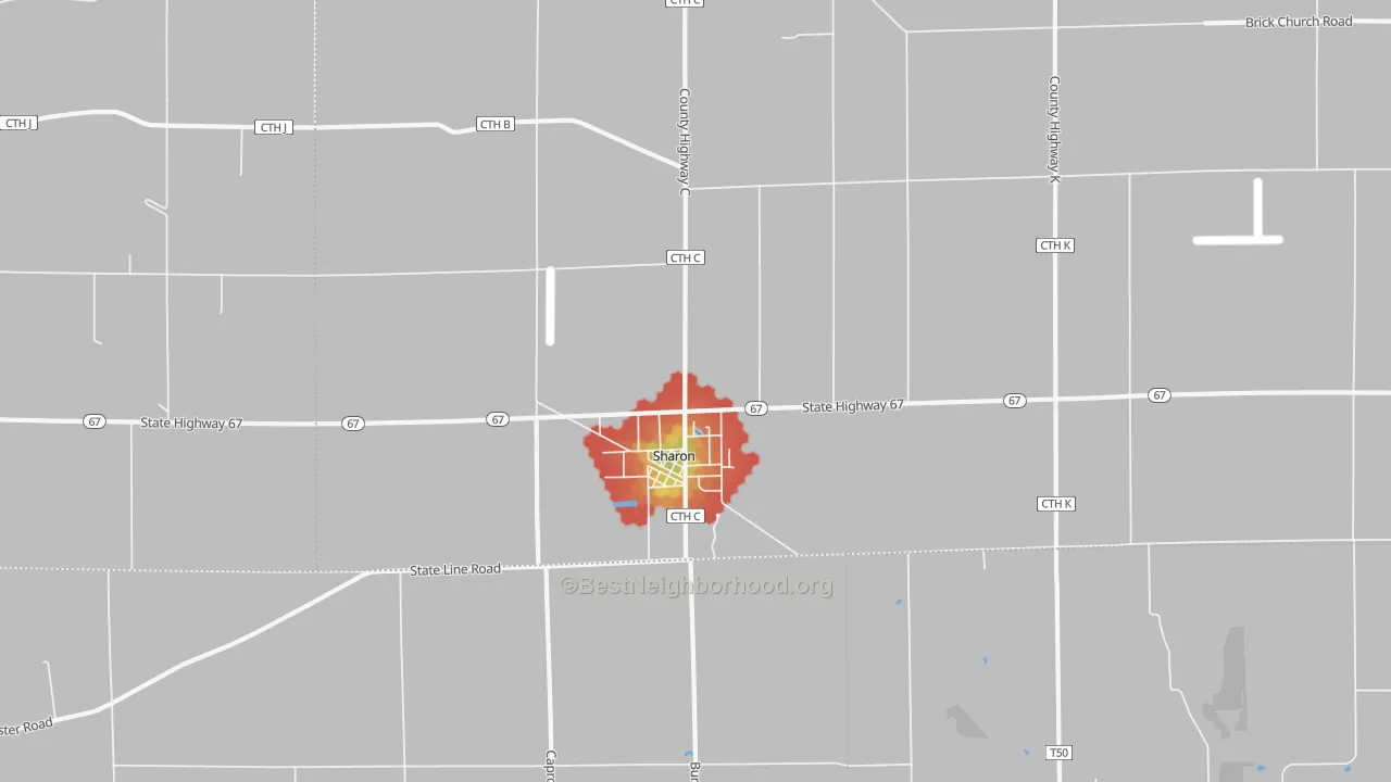 Walk Grade map of 53585, WI, walkable areas in green and car-dependent areas in red