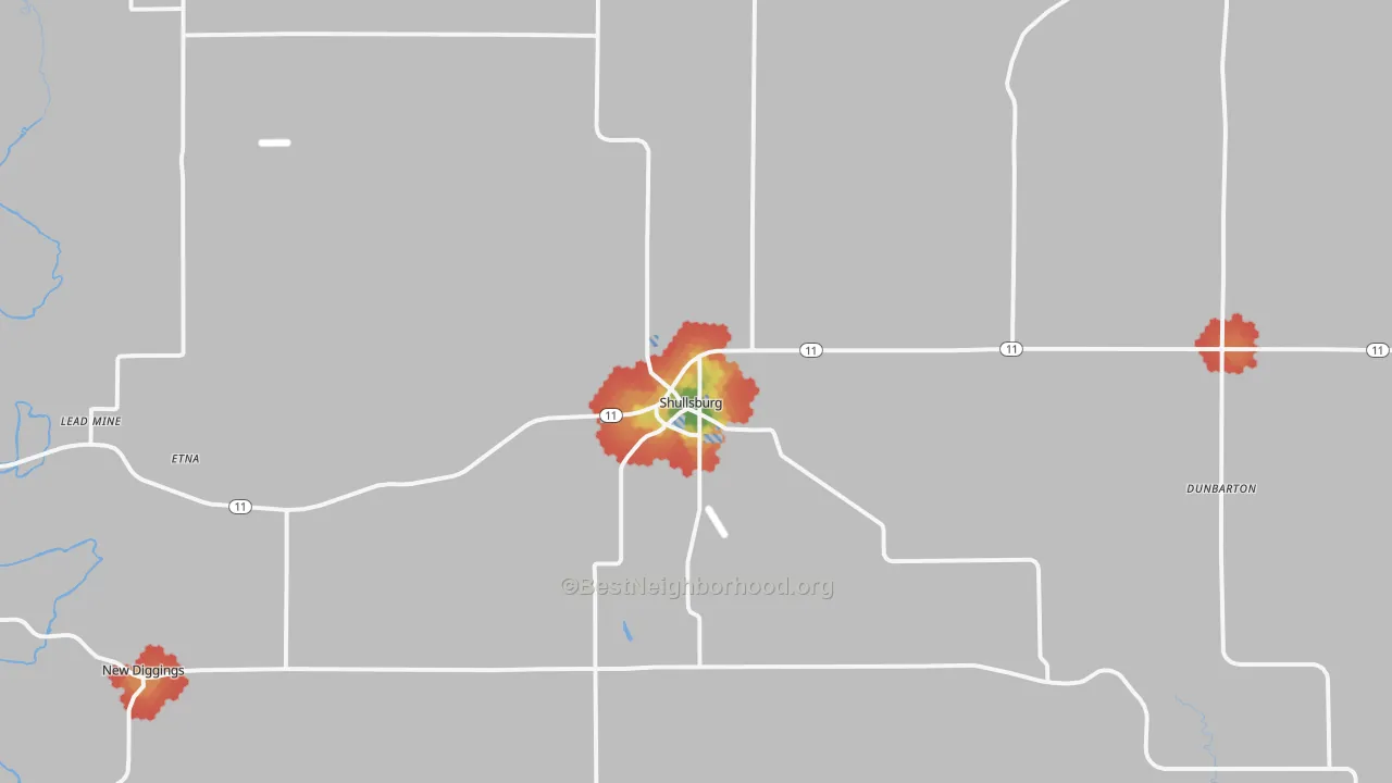 Walk Grade map of 53586, WI, walkable areas in green and car-dependent areas in red