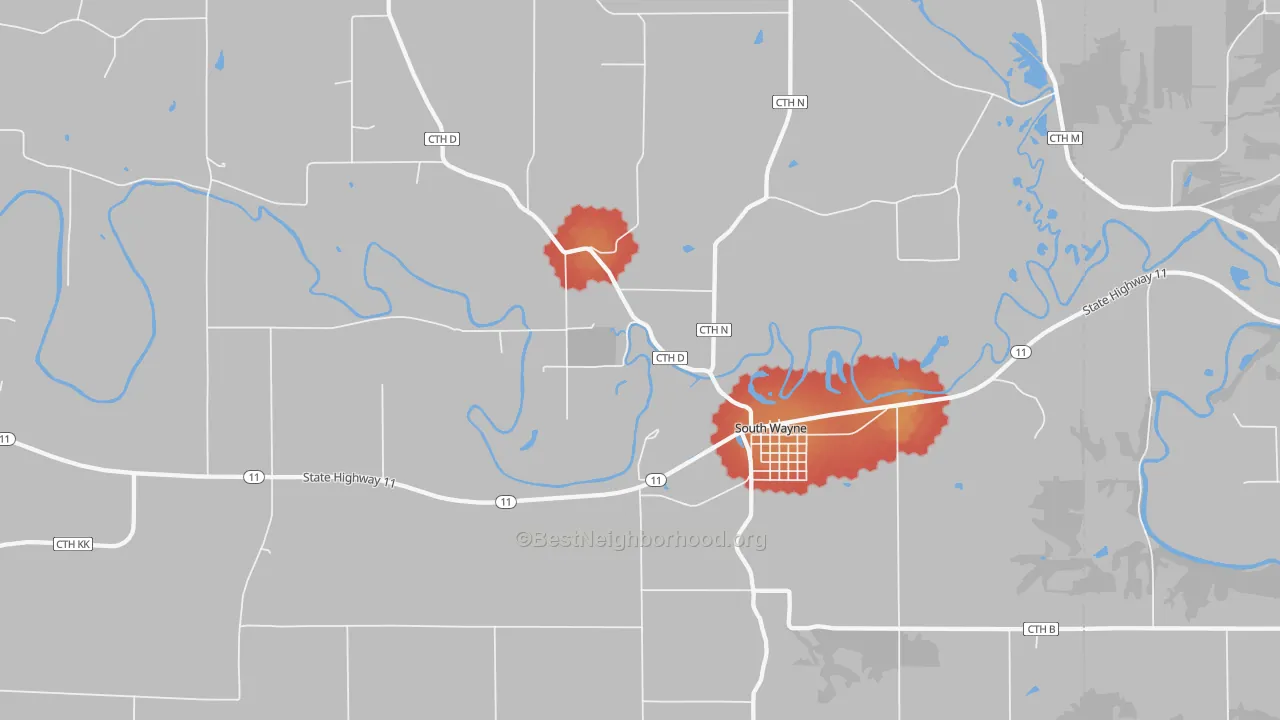 Walk Grade map of 53587, WI, walkable areas in green and car-dependent areas in red