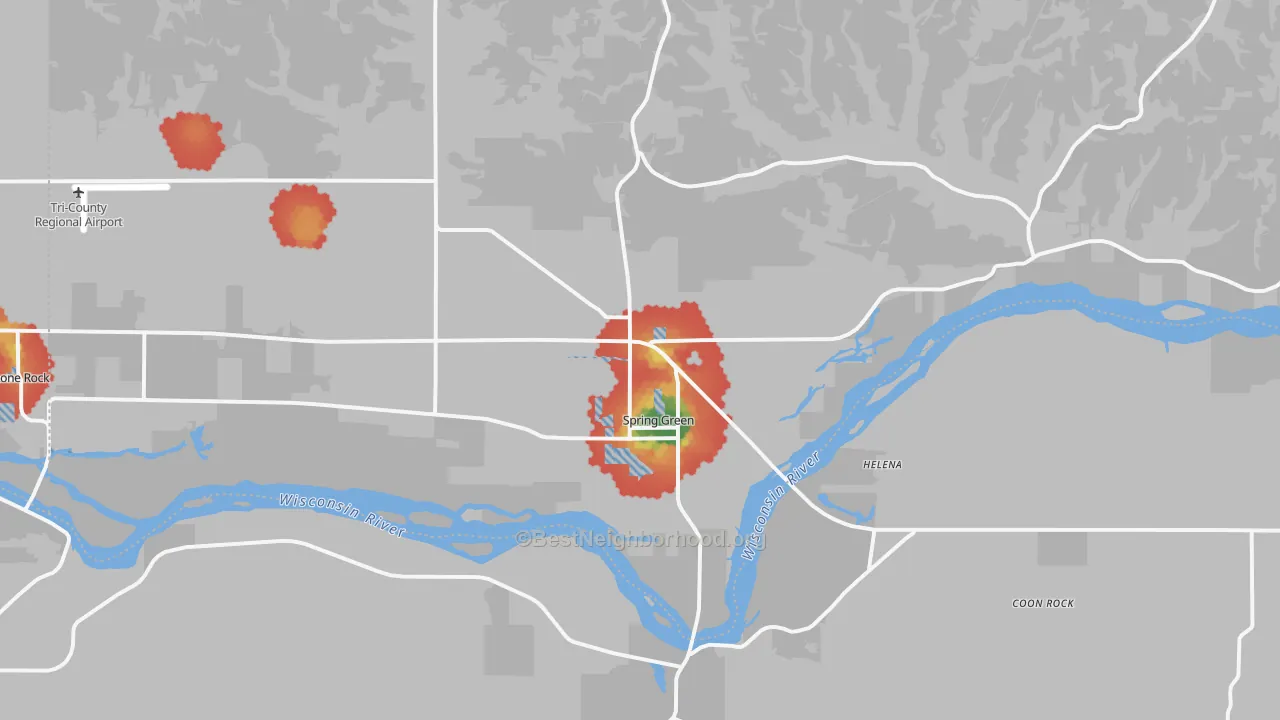 Walk Grade map of 53588, WI, walkable areas in green and car-dependent areas in red
