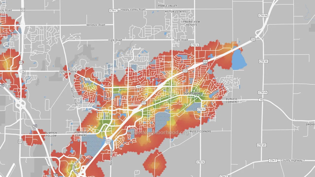 Walk Grade map of 53590, WI, walkable areas in green and car-dependent areas in red