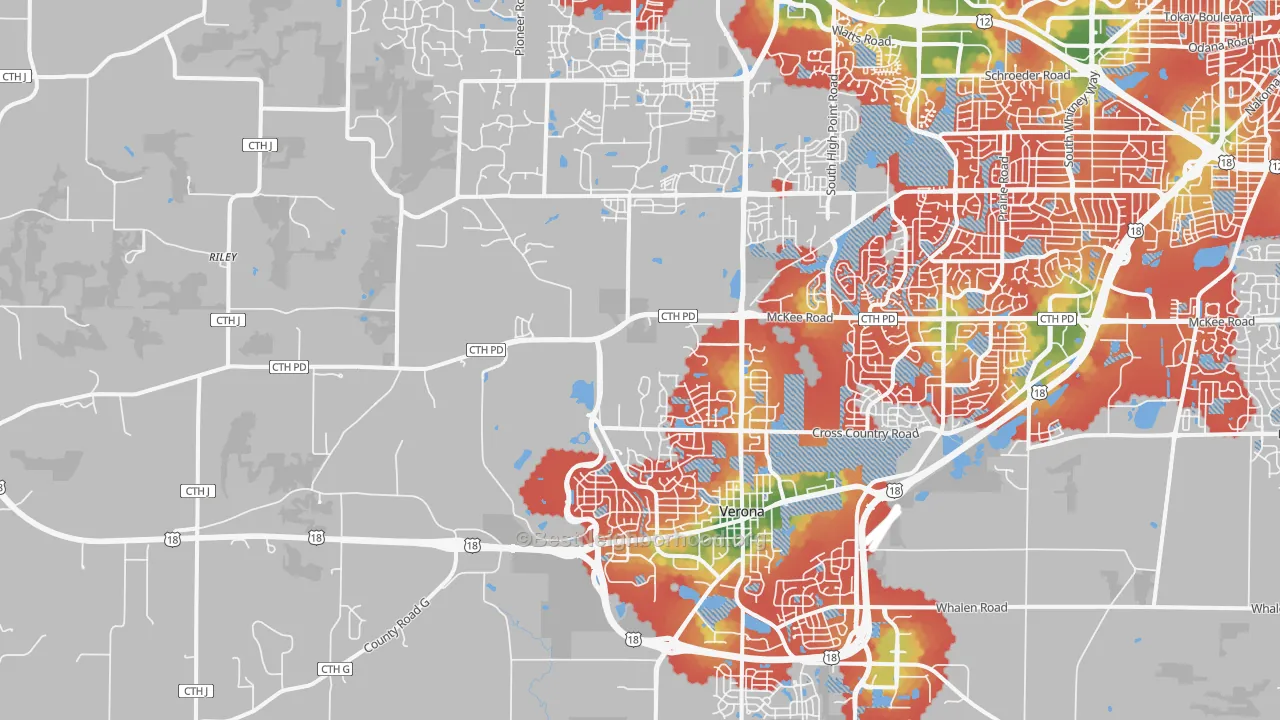 Walk Grade map of 53593, WI, walkable areas in green and car-dependent areas in red