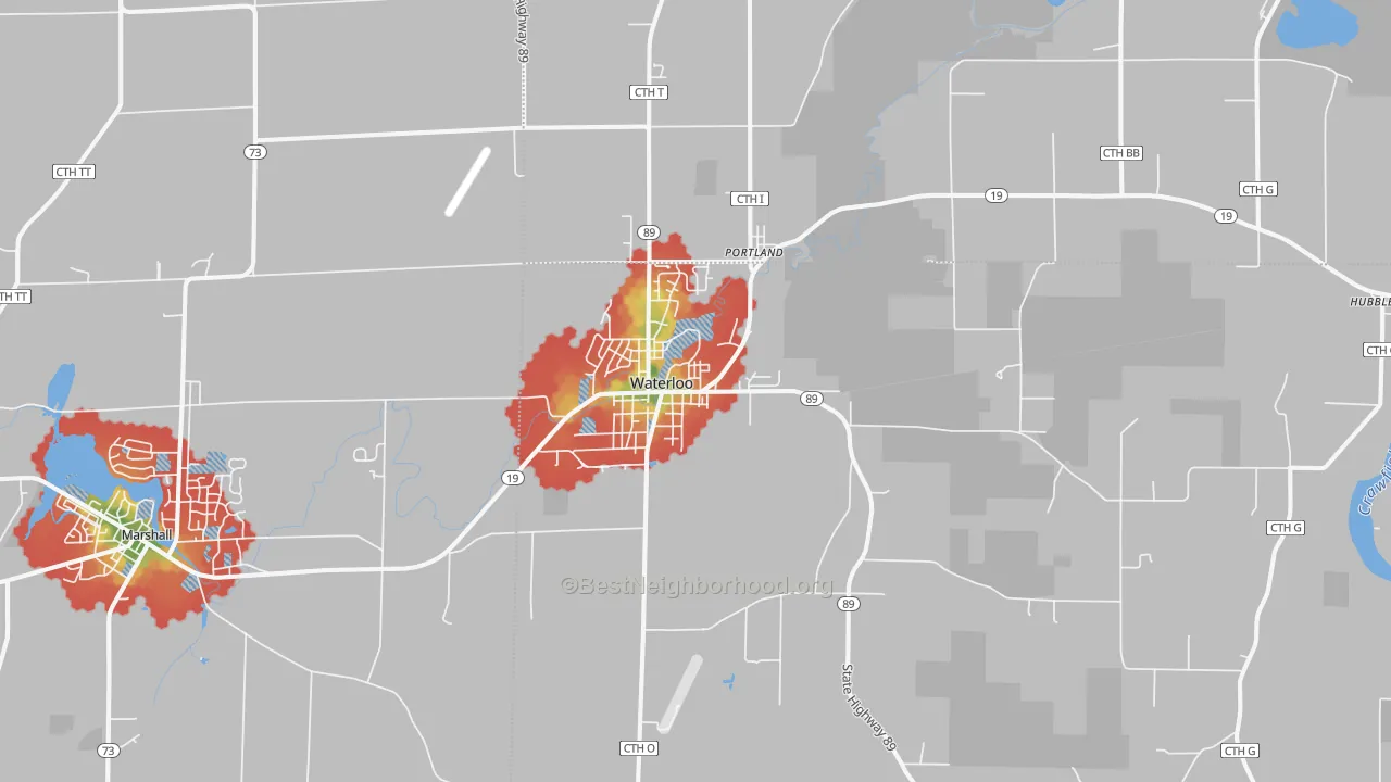Walk Grade map of 53594, WI, walkable areas in green and car-dependent areas in red