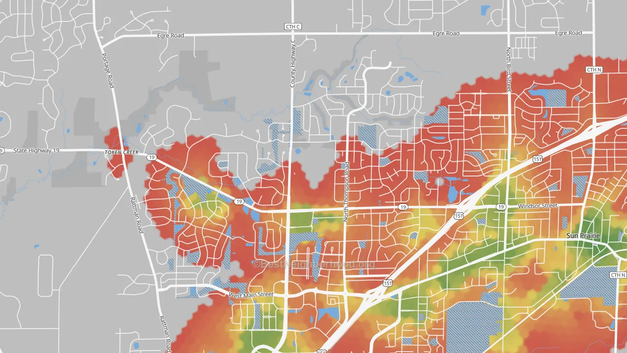 Walk Grade map of 53596, WI, walkable areas in green and car-dependent areas in red
