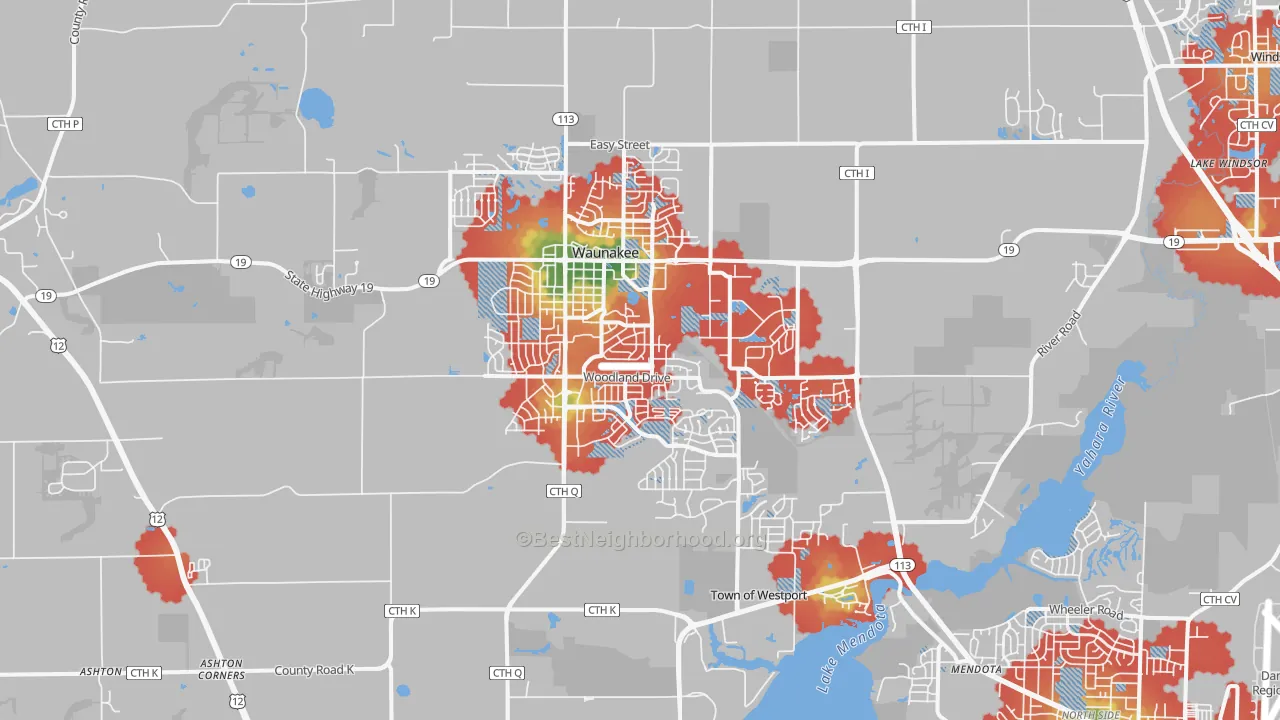 Walk Grade map of 53597, WI, walkable areas in green and car-dependent areas in red