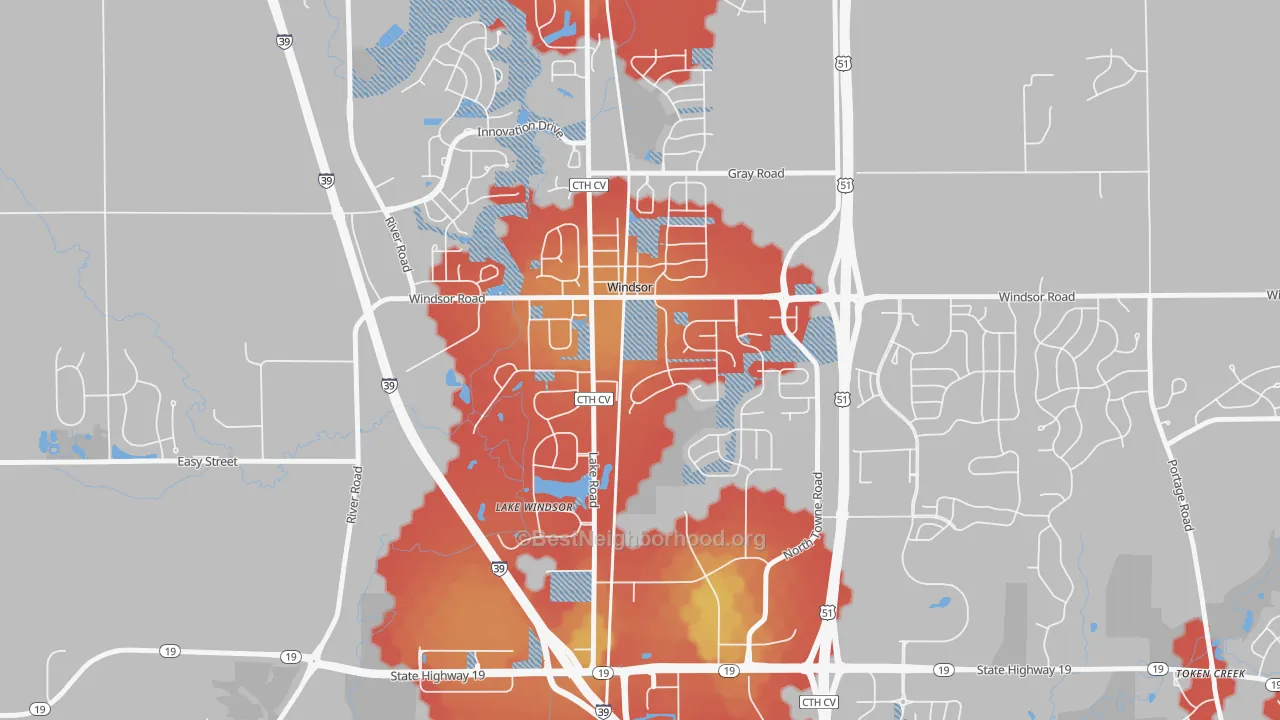 Walk Grade map of 53598, WI, walkable areas in green and car-dependent areas in red