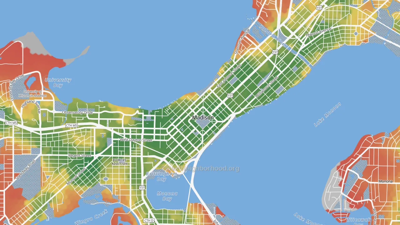 Walk Grade map of 53703, WI, walkable areas in green and car-dependent areas in red