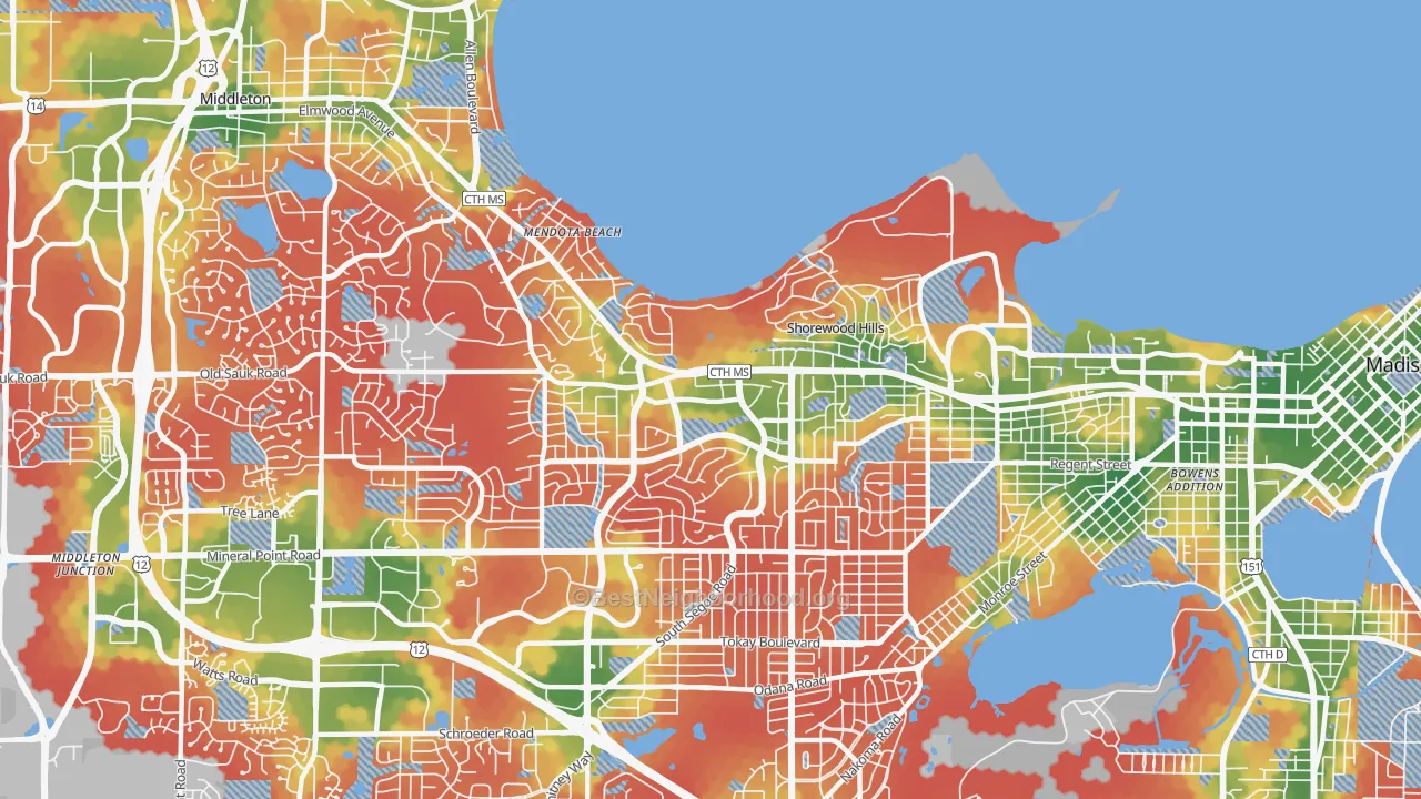 Walk Grade map of 53705, WI, walkable areas in green and car-dependent areas in red