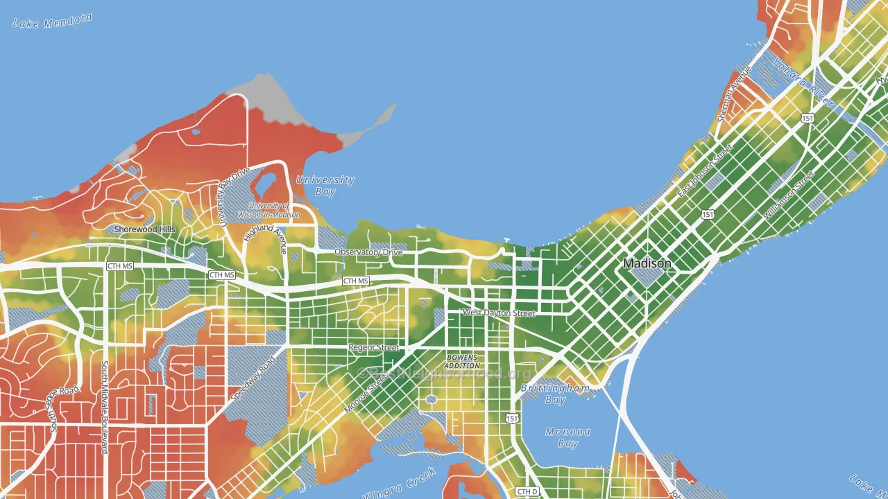Walk Grade map of 53706, WI, walkable areas in green and car-dependent areas in red