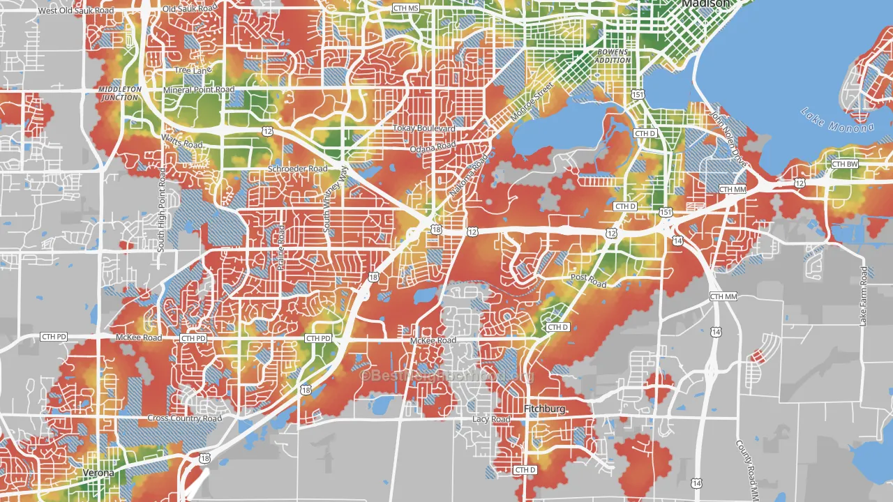 Walk Grade map of 53711, WI, walkable areas in green and car-dependent areas in red
