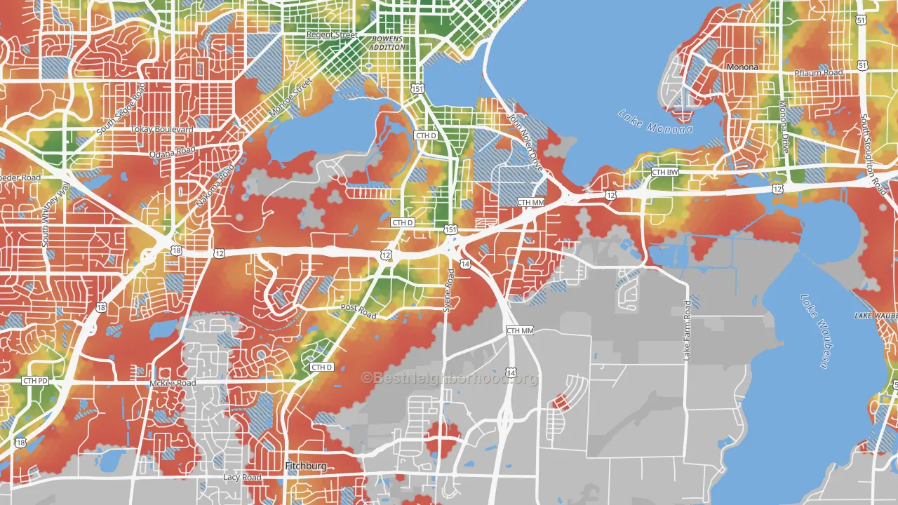 Walk Grade map of 53713, WI, walkable areas in green and car-dependent areas in red