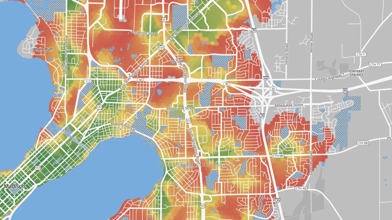 Walk Grade map of 53714, WI, walkable areas in green and car-dependent areas in red