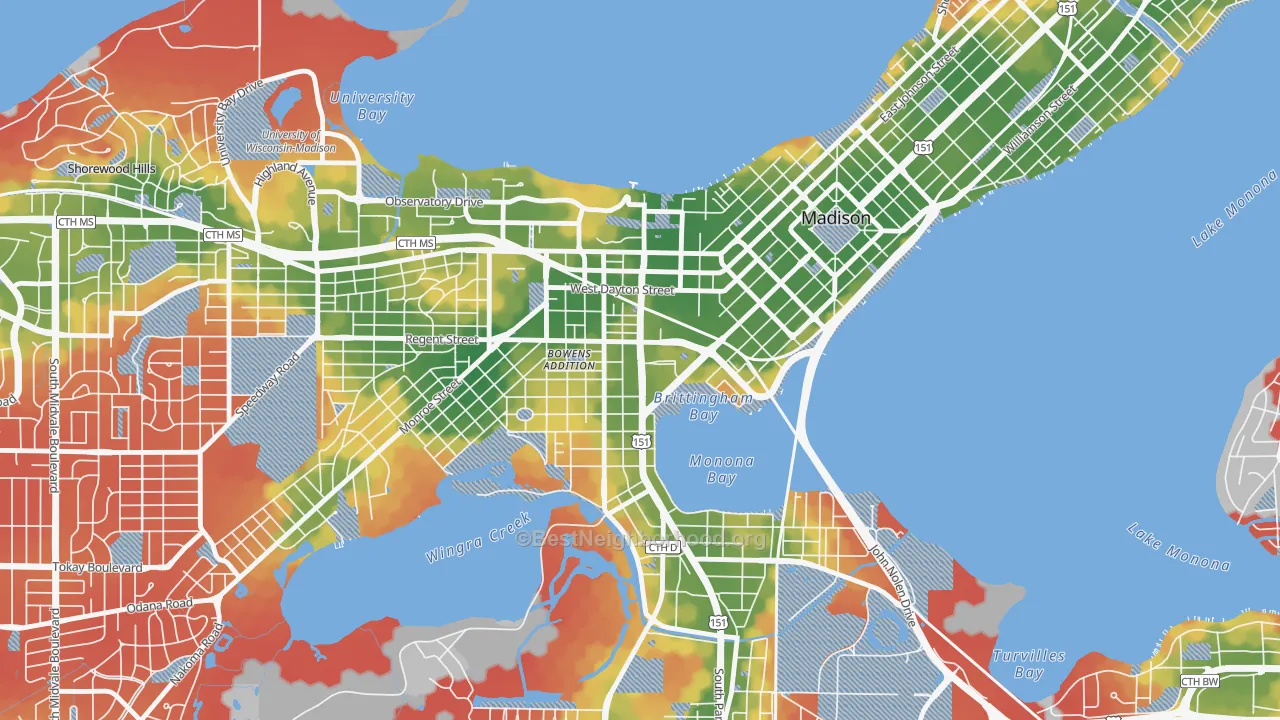 Walk Grade map of 53715, WI, walkable areas in green and car-dependent areas in red