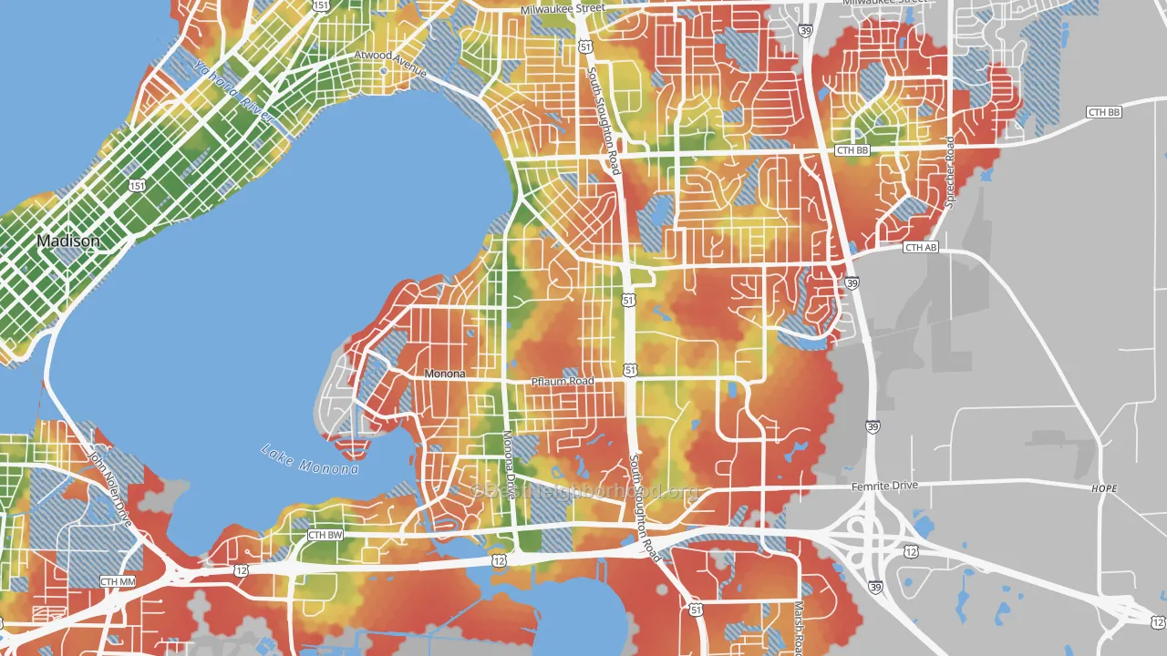 Walk Grade map of 53716, WI, walkable areas in green and car-dependent areas in red