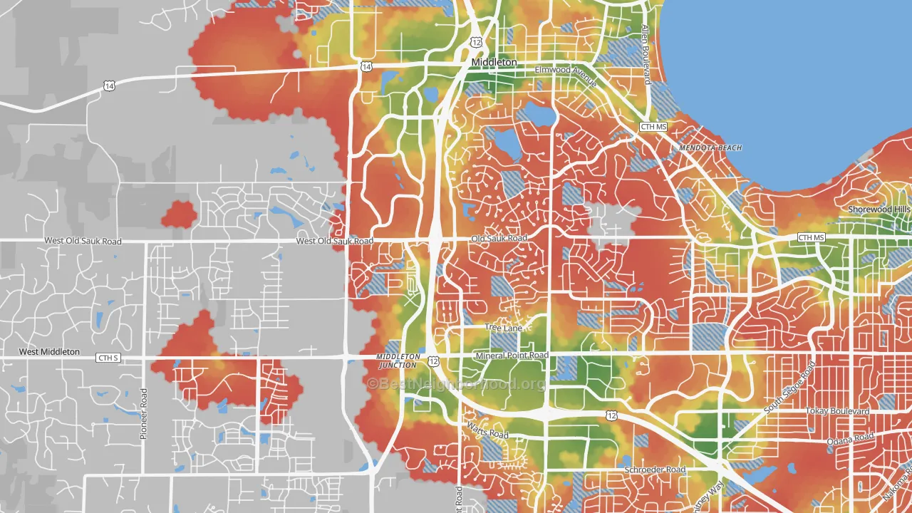 Walk Grade map of 53717, WI, walkable areas in green and car-dependent areas in red