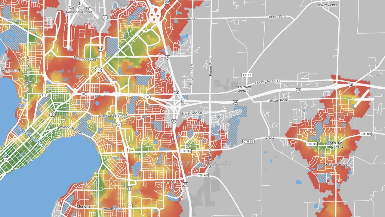 Walk Grade map of 53718, WI, walkable areas in green and car-dependent areas in red
