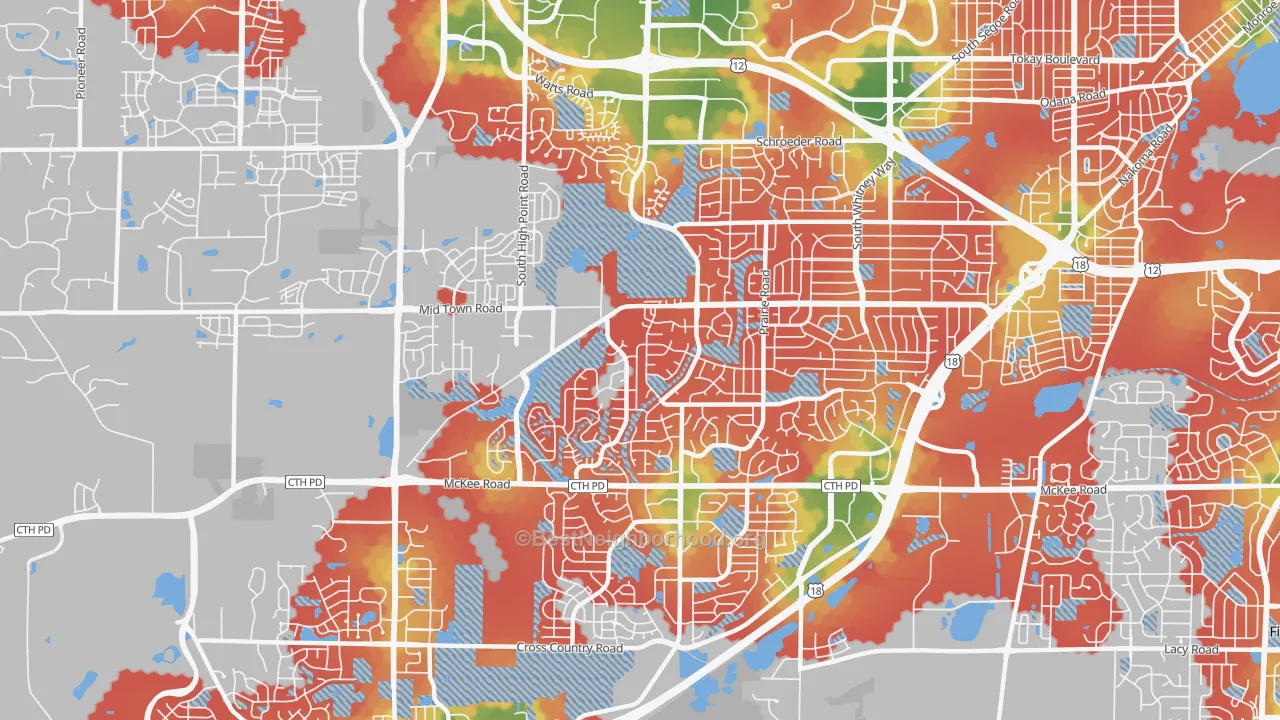 Walk Grade map of 53719, WI, walkable areas in green and car-dependent areas in red