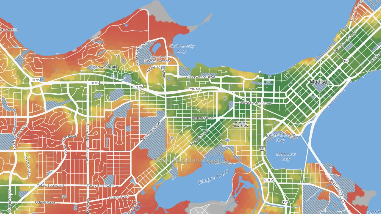 Walk Grade map of 53726, WI, walkable areas in green and car-dependent areas in red