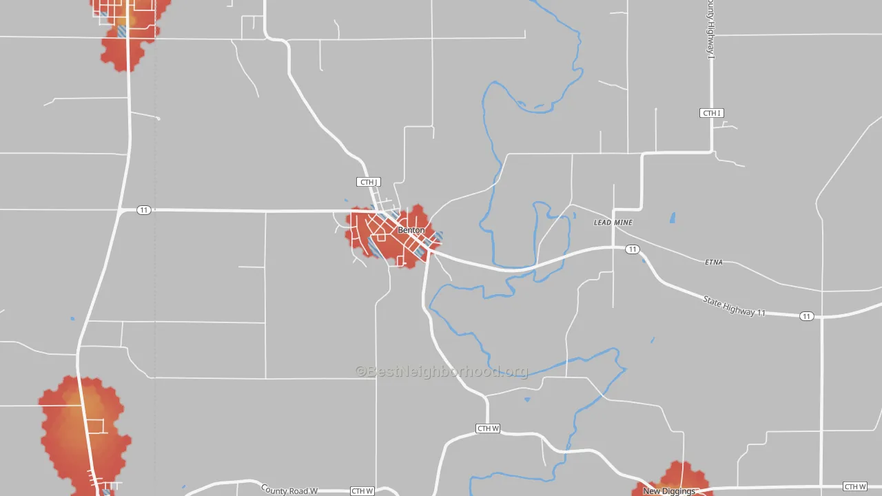 Walk Grade map of 53803, WI, walkable areas in green and car-dependent areas in red