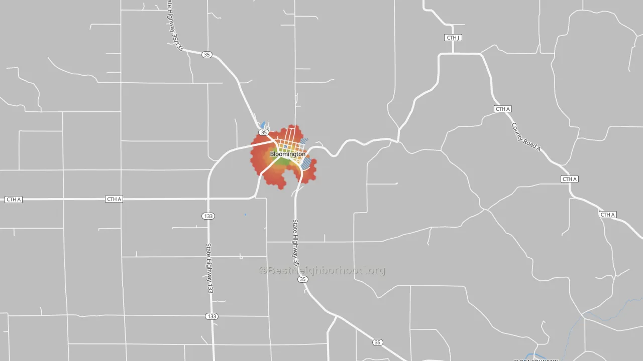 Walk Grade map of 53804, WI, walkable areas in green and car-dependent areas in red