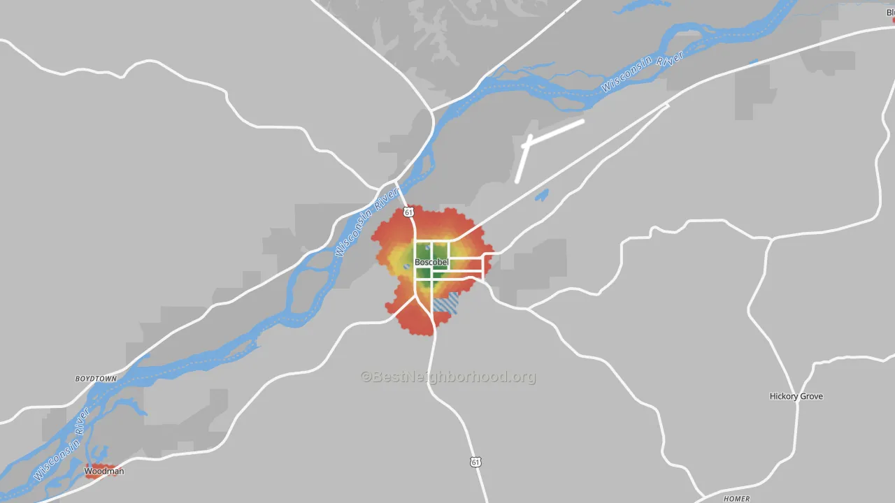 Walk Grade map of 53805, WI, walkable areas in green and car-dependent areas in red