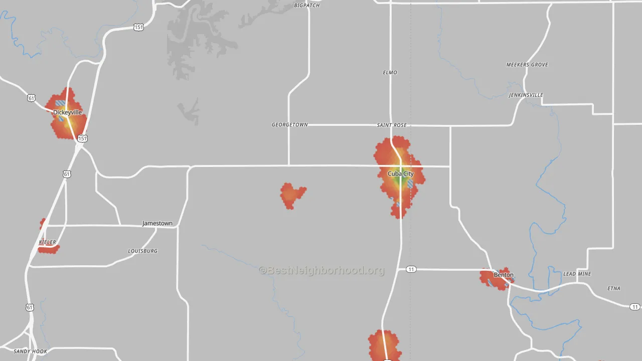 Walk Grade map of 53807, WI, walkable areas in green and car-dependent areas in red