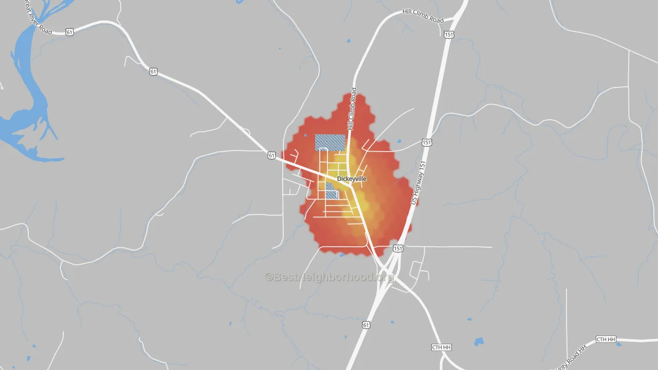 Walk Grade map of 53808, WI, walkable areas in green and car-dependent areas in red