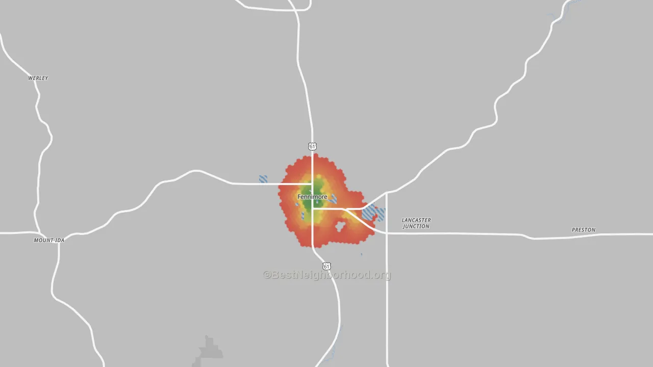 Walk Grade map of 53809, WI, walkable areas in green and car-dependent areas in red