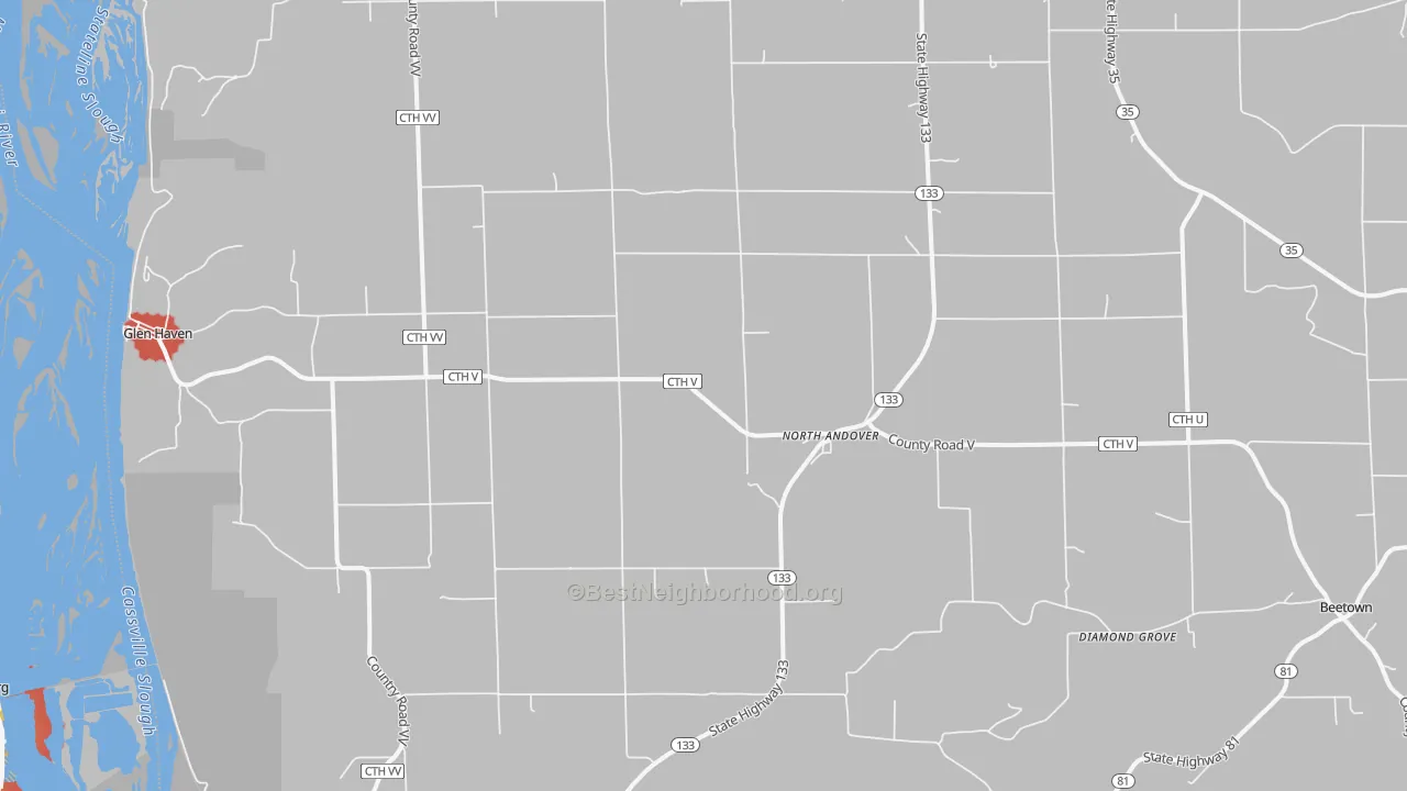 Walk Grade map of 53810, WI, walkable areas in green and car-dependent areas in red