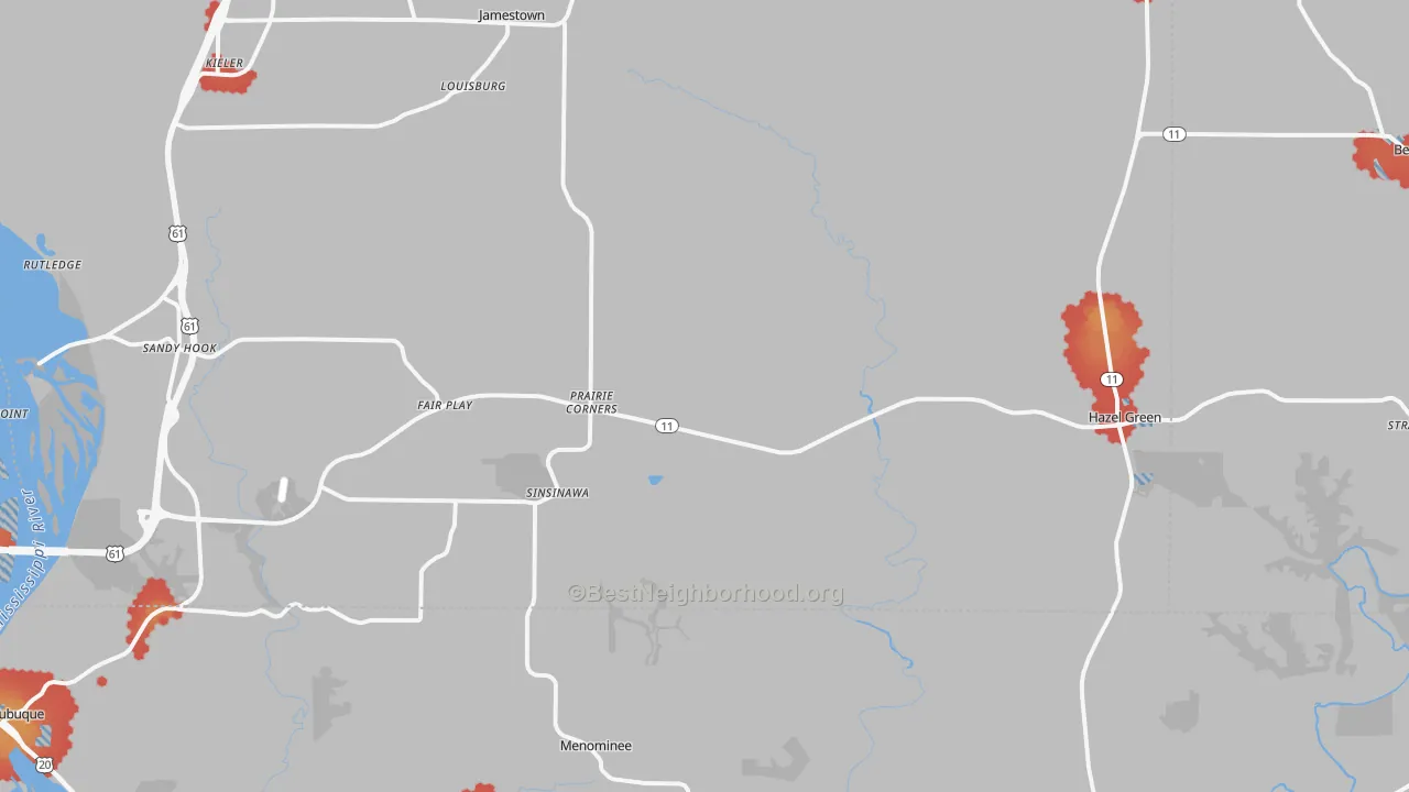 Walk Grade map of 53811, WI, walkable areas in green and car-dependent areas in red