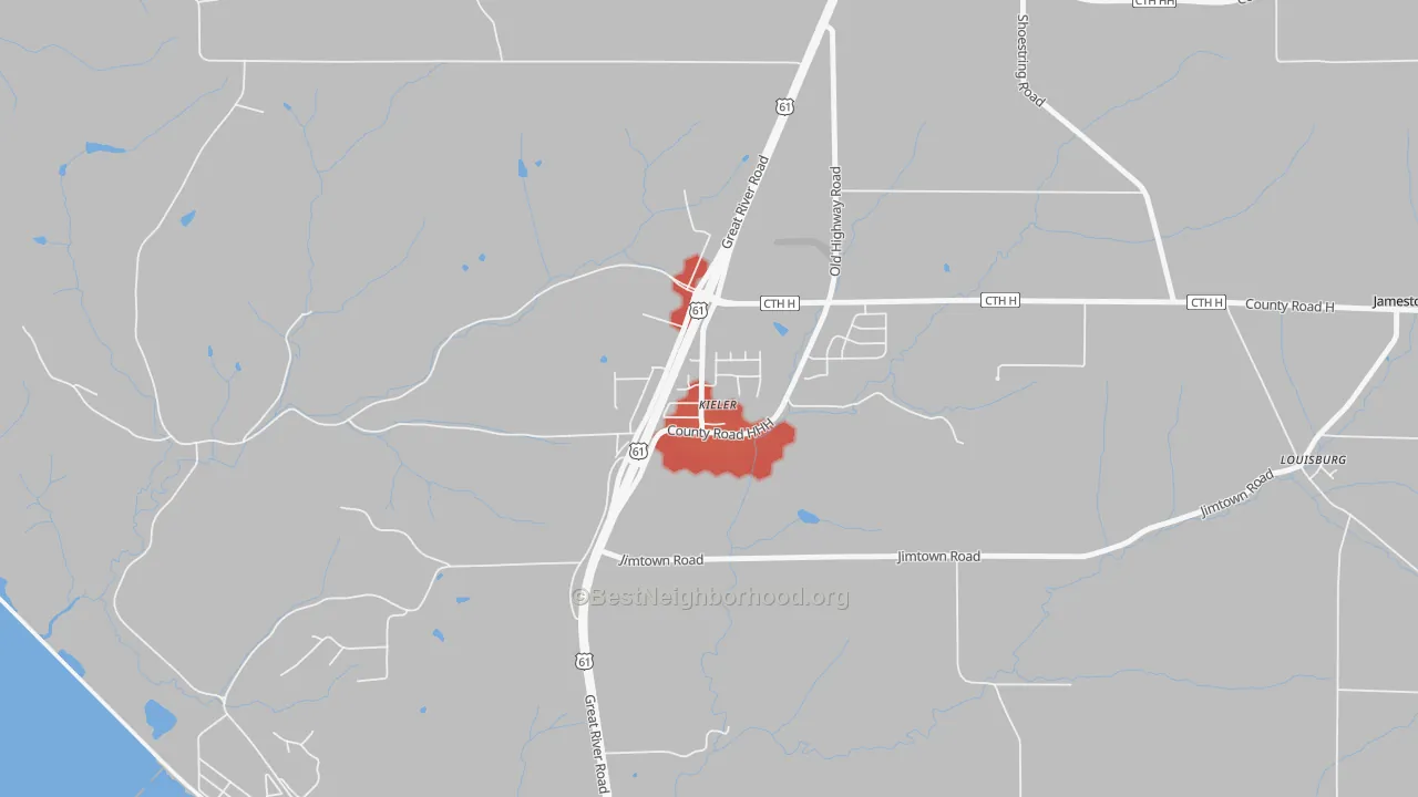 Walk Grade map of 53812, WI, walkable areas in green and car-dependent areas in red