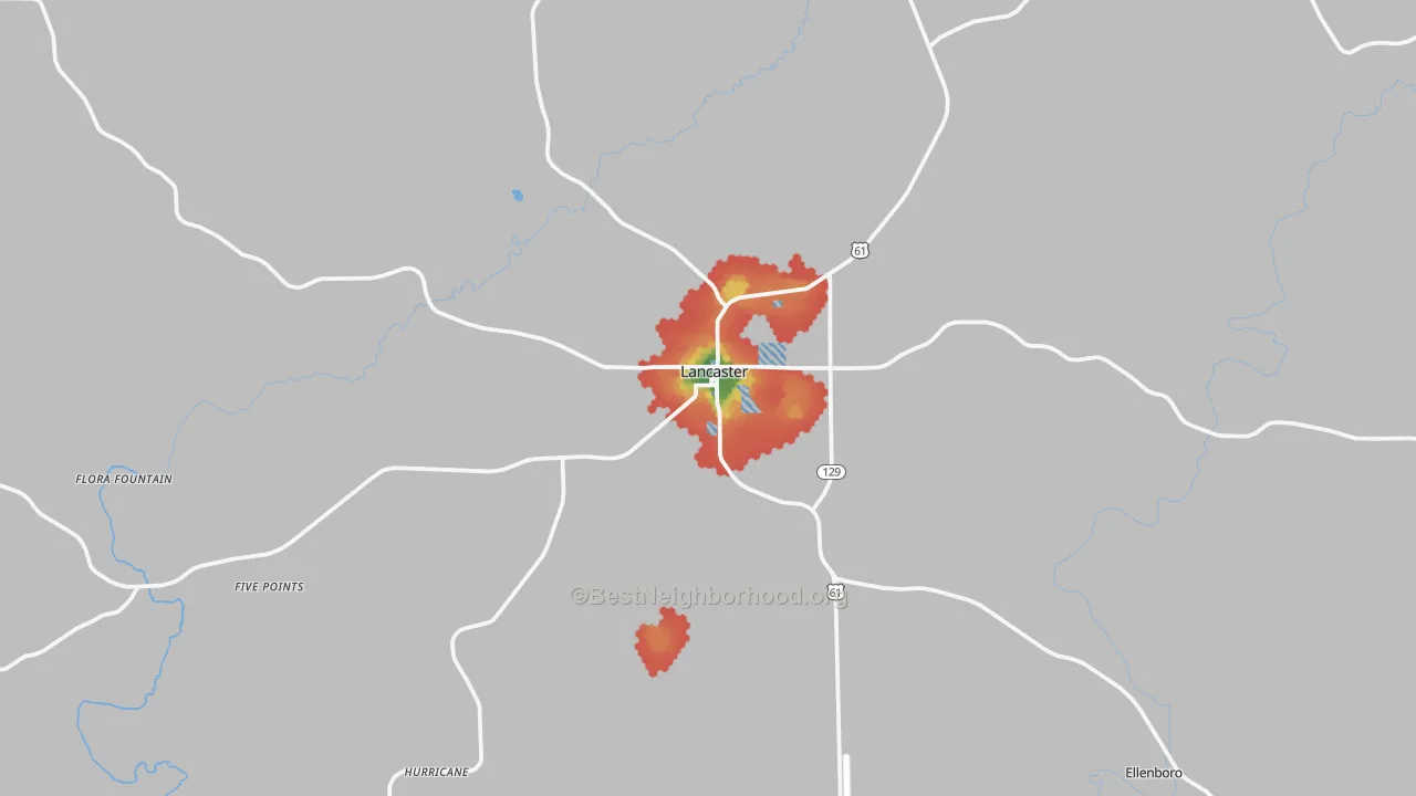 Walk Grade map of 53813, WI, walkable areas in green and car-dependent areas in red