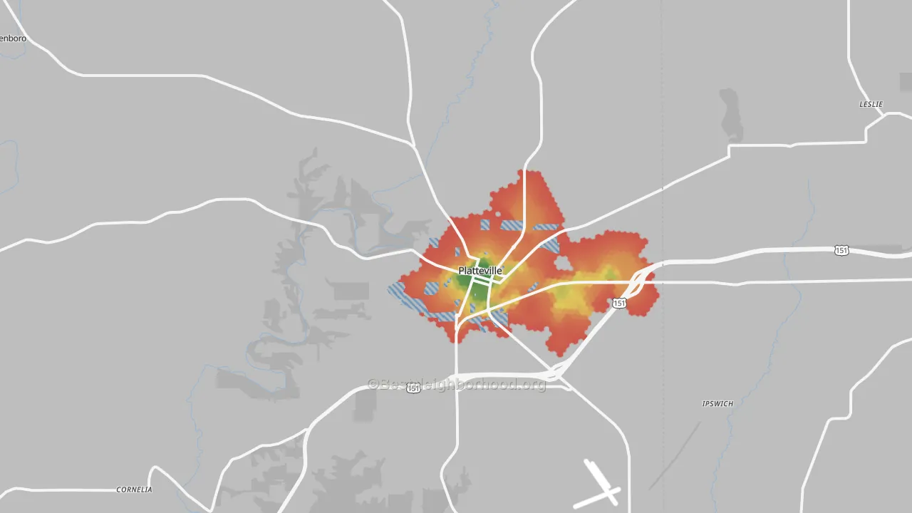 Walk Grade map of 53818, WI, walkable areas in green and car-dependent areas in red