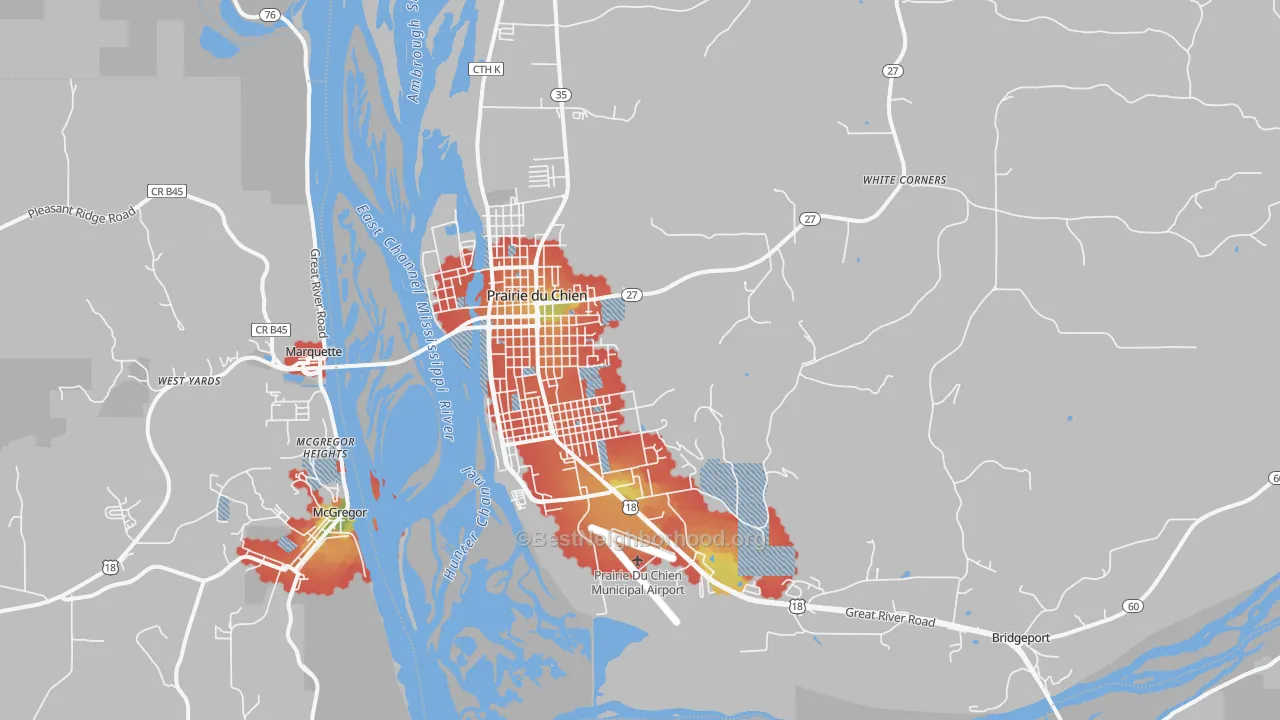 Walk Grade map of 53821, WI, walkable areas in green and car-dependent areas in red