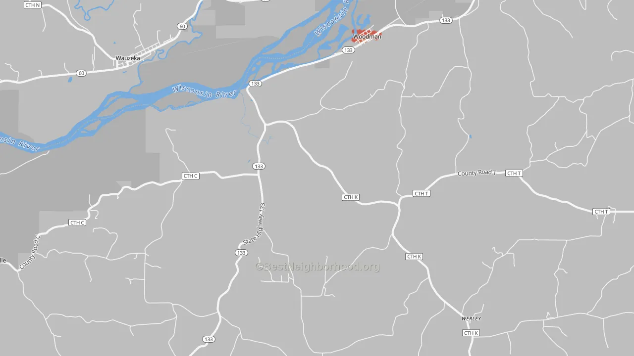 Walk Grade map of 53827, WI, walkable areas in green and car-dependent areas in red
