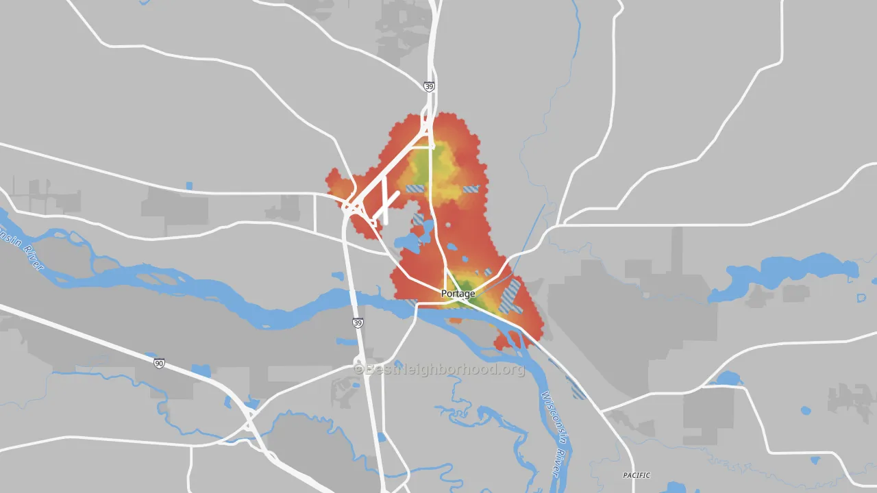Walk Grade map of 53901, WI, walkable areas in green and car-dependent areas in red