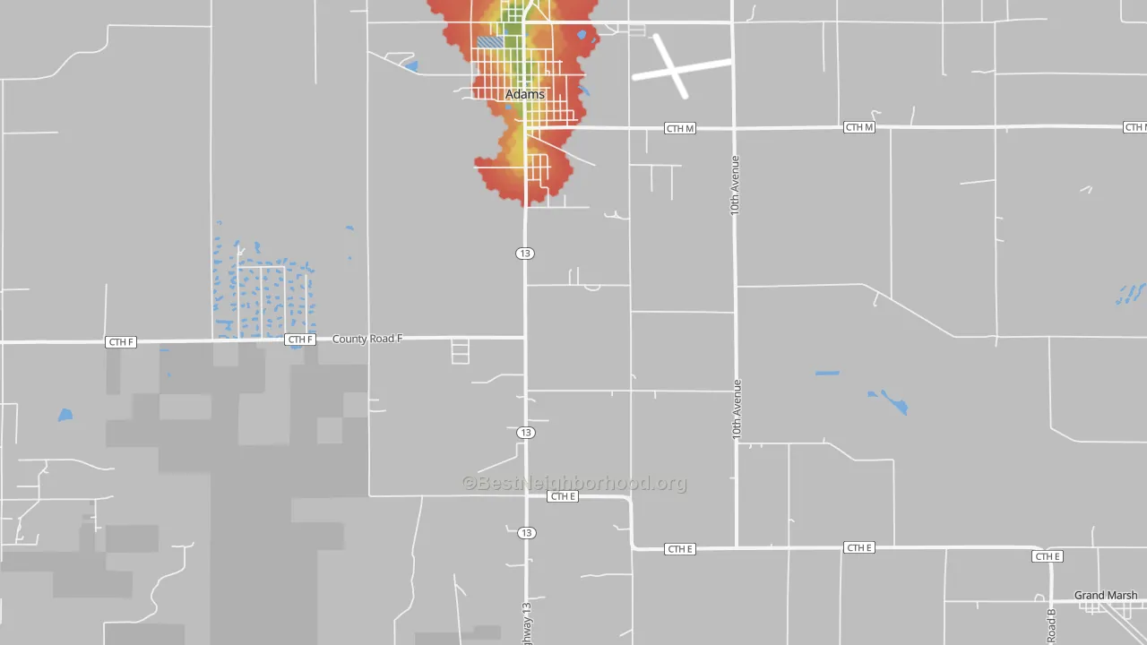 Walk Grade map of 53910, WI, walkable areas in green and car-dependent areas in red
