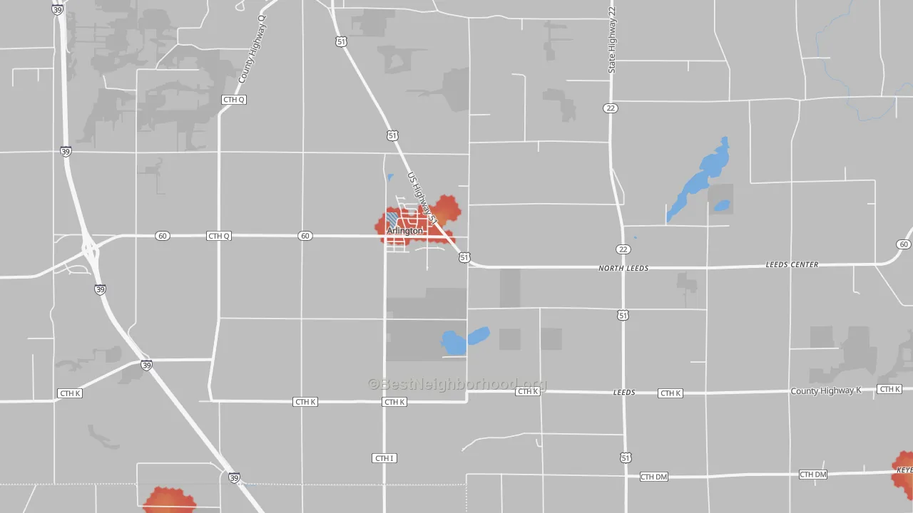 Walk Grade map of 53911, WI, walkable areas in green and car-dependent areas in red