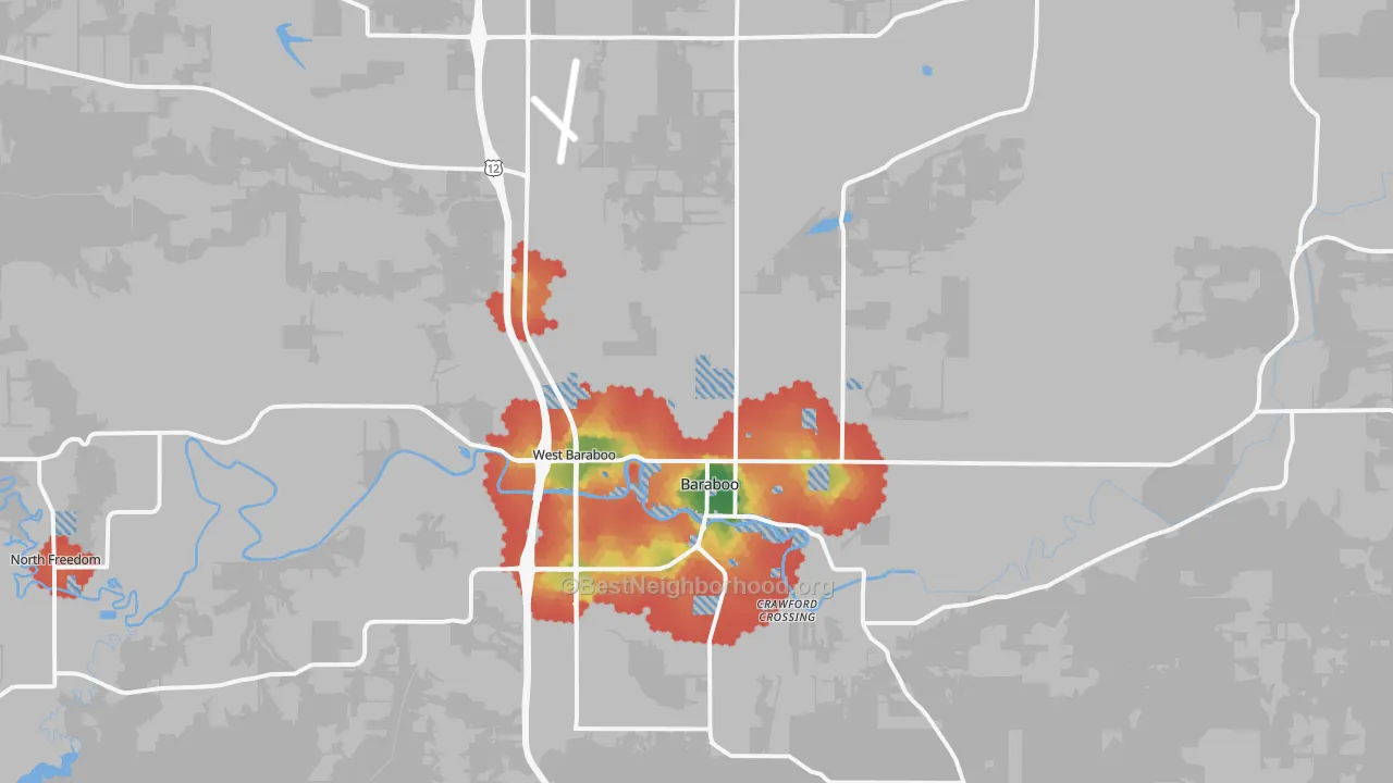 Walk Grade map of 53913, WI, walkable areas in green and car-dependent areas in red
