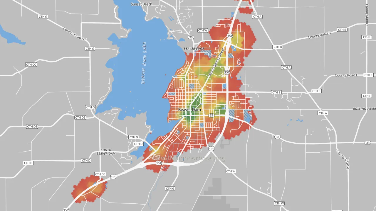 Walk Grade map of 53916, WI, walkable areas in green and car-dependent areas in red