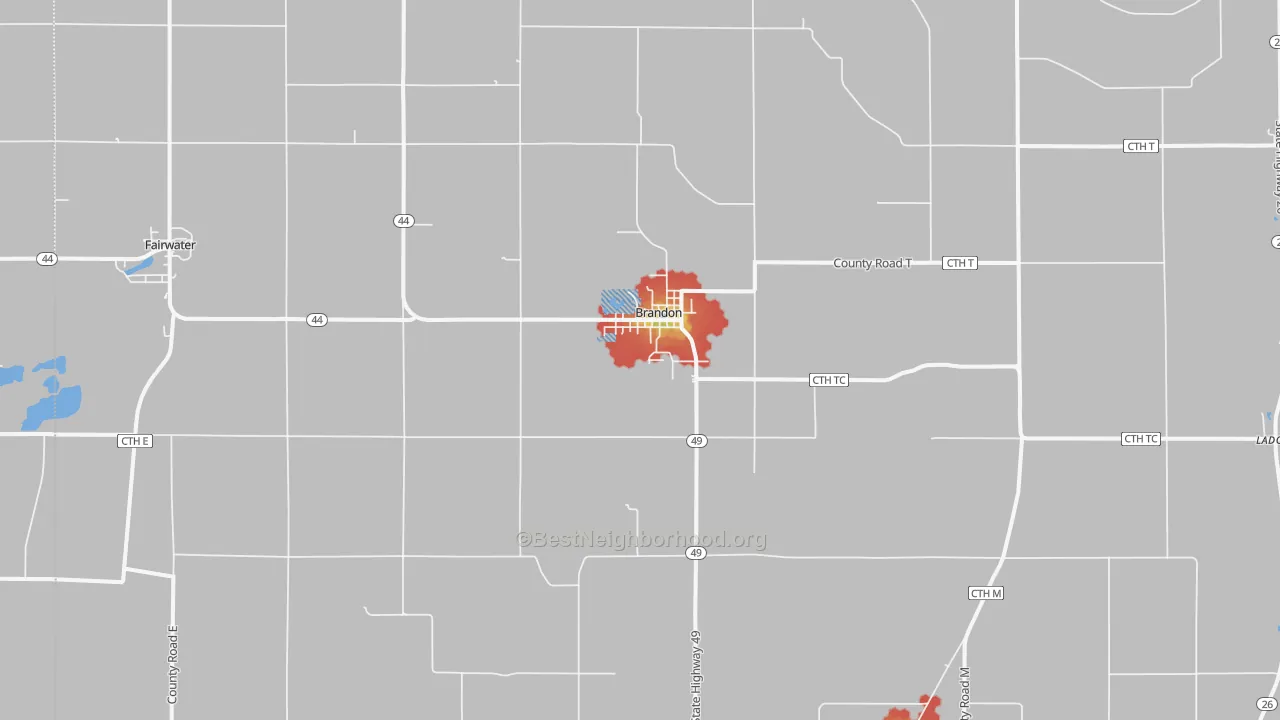 Walk Grade map of 53919, WI, walkable areas in green and car-dependent areas in red