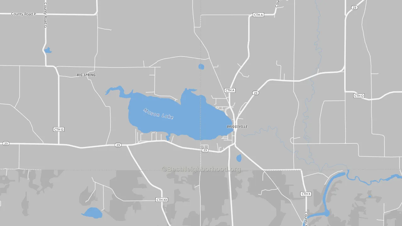 Walk Grade map of 53920, WI, walkable areas in green and car-dependent areas in red