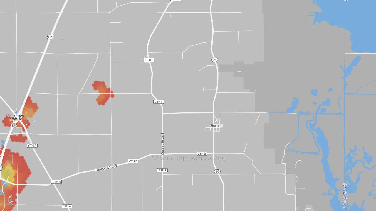 Walk Grade map of 53922, WI, walkable areas in green and car-dependent areas in red