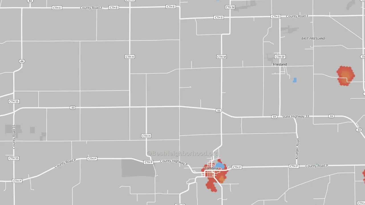 Walk Grade map of 53923, WI, walkable areas in green and car-dependent areas in red
