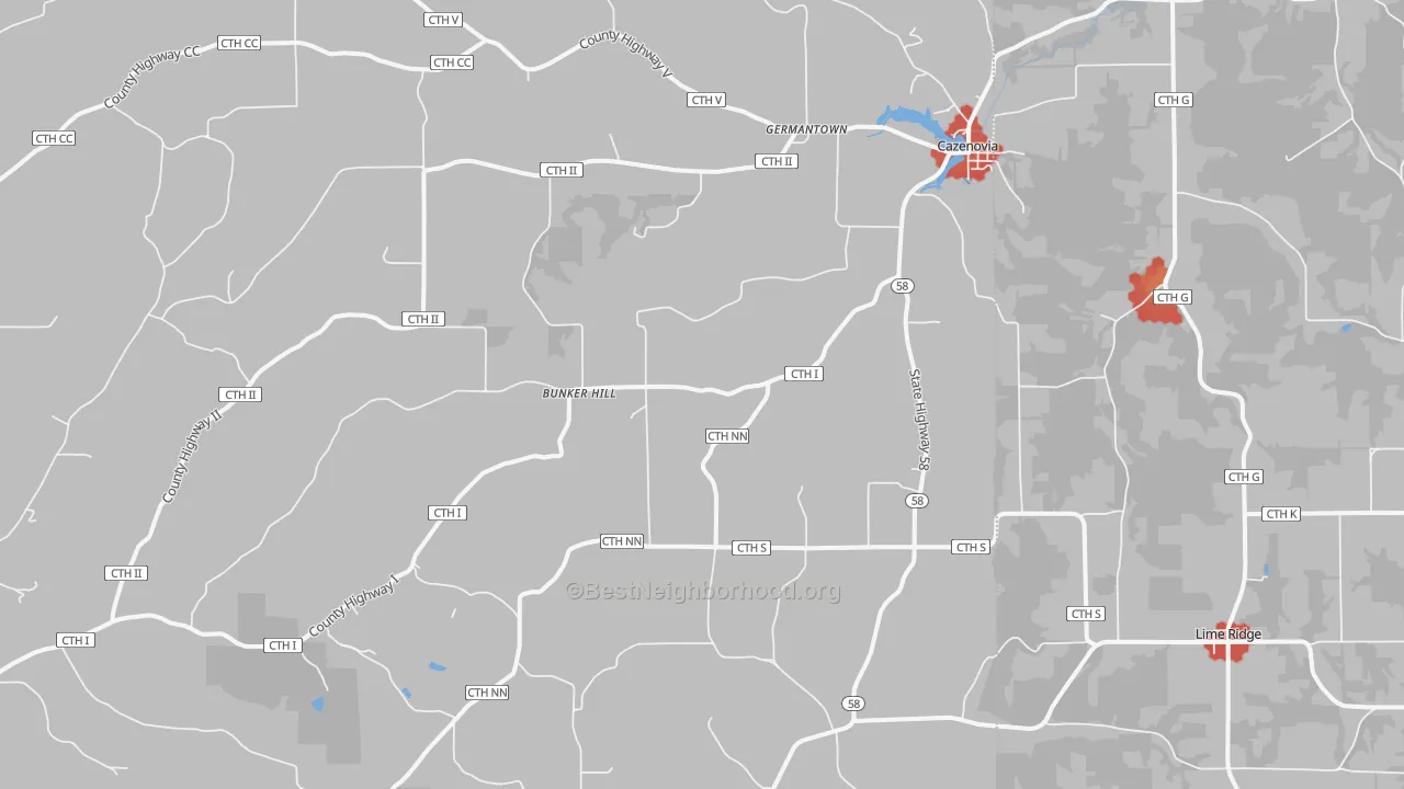 Walk Grade map of 53924, WI, walkable areas in green and car-dependent areas in red